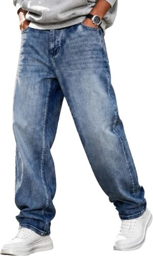 Mens Baggy Wide Leg Jeans Loose Fit Denim Pants Stretch Denim, Relaxed Fit, Straight Leg, Streetwear Style, Metal Button Zipper Fly, 5 Pockets, Fall Winter Casual Wear