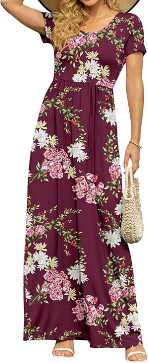 DB MOON Women's Summer Maxi Dress Casual Short Sleeve Empire Waist Pockets Long Dress, Pockets, Casual Short Sleeve