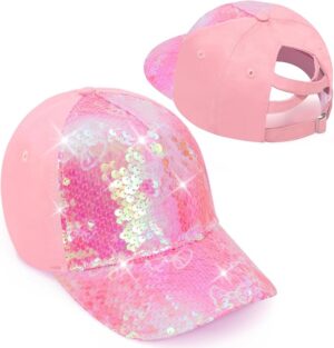 Girls Glitter Baseball Cap Criss Cross Hat (Ages5-15) Girl High Ponytail Hat - Kids Trucker Hat with High Bun Messy Ponytail