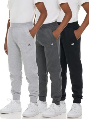 New Balance Boys Sweatpants 3-Pack, Athletic Fleece Joggers, Size 4-20 Soft Cotton Blend Fleece, Side Pockets, Ribbed Cuffs, 3-Pack Value, Pull On Pants, Comfy Sweats, Premium Kids Clothes