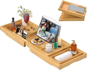 Bathtub Tray Caddy, Expandable Bamboo Bath Tray for Tub | Foldable Bath Table Trays with Non-Slip Pads, Bathroom Spa Accessories, Ideal Gift for New Home & Mom's Birthday, Natural