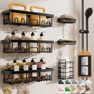 Veken Shower Caddy 6-Pack, Bathroom Organizers and Storage Shelves, Black Advanced Rustproof Design, Large Capacity, No Drilling, Adhesive Rack with Soap Holder, Wall-Mounted Kitchen & Home Decor