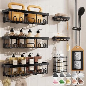 Veken Shower Caddy 6-Pack, Bathroom Organizers and Storage Shelves, Black | Advanced Rustproof Design, Large Capacity, No Drilling, Adhesive Rack with Soap Holder, Wall-Mounted Kitchen & Home Decor