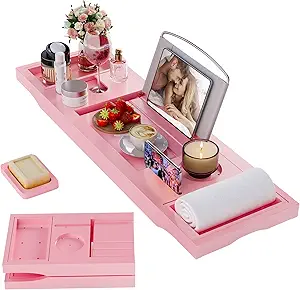 Foldable Bathtub Tray Caddy with Soap Dish Adjustable 29.5-43'' Pink | Bamboo Bath Table Trays with Non-slip Pads, Wine Glass Holder, Adjustable Tablet Book Stand, Spa Bath Essentials Organizer