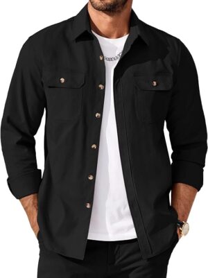 COOFANDY Men's Long Sleeve Button Up Shirt Jacket with Flap Pockets