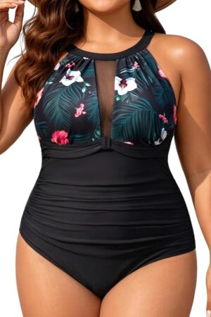 Plus Size Swimsuit Women One Piece Swimsuit Tummy Control High Neck Bathing Suit Ruched Swimwear