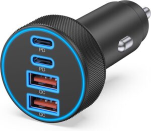 USB C Car Charger, 4-Port 90W Super Fast Charging Cigarette Lighter Adapter [4 in 1] Dual 45W USBC & USB-A, Multiport Car Phone Charger Accessories, for iPhone 17 16 15 14 13 12, iPad, Galaxy, Tablet