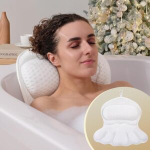 Bath Pillow, Bath Pillows for Tub Head Neck and Back Ergonomic Support Soft 4D Air Mesh Bathtub Pillow, Non-Slip Strong Suction Cups, Machine Washable, Wash Bag Included, Quick-drying, Spa Gifts