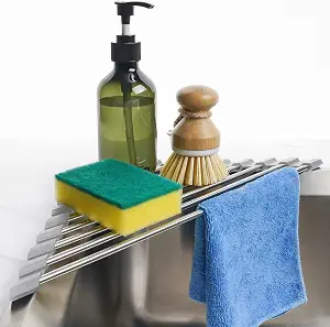 Tomorotec Triangle Roll-Up Dish Drying Rack for Sink Corner Small Foldable Stainless Steel Over The Sink Multipurpose Kitchen Drainer Caddy Organizer Storage Space Saver Shelf Holder (Gray) | BPA-Free Food-Grade Silicone Edges Foldable Waterproof Rustproof Heavy-Duty Space Saver Heat Resistant to 550°F