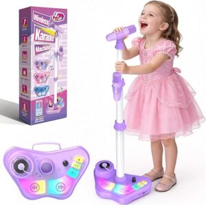 Stand Karaoke Machine for Kids, Singing Toys Gifts for 3 4 5 6 7 8 Year Old Girls Boys, Rechargeable Kid Microphone Bluetooth Speaker with 2 Wireless Mic for Girl Age 4-6 Toddler Birthday Party Toy