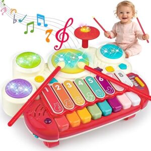 3 in 1 Musical Toys for Toddlers Baby Piano Drum Set DJ Table Piano Keyboard Xylophone Drum Instruments Boys Girls Music & Light Activity Table Babies First Birthday
