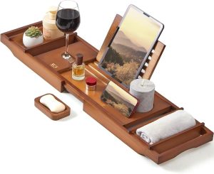 Bamboo Bathtub Caddy Tray with Book Stand & Soap Holder, Brown | Expandable to 41 Inches & Anti-Slip Pads for Luxury Bath Spa