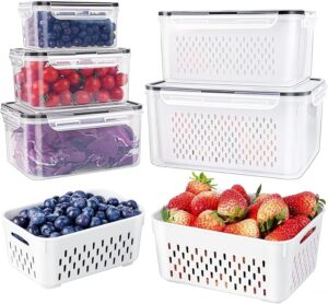 5 PCS Large Fruit storage Containers for Fridge ,Food Storage Containers with Removable Colander Leakproof Dishwasher & Microwave safe Produce Containers Keep Fruits Vegetables Berry Fresh longer
