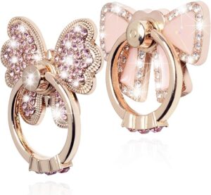 Finger Ring Stand Grip,2 Pack Luxury Glitter Diamond Universal Metal Kickstand for iPhone 16/15/14/13 Pro Max, Galaxy S24/S23/S22 Ultra, Finger Ring Grip Holder for All Smartphone, Pink/Bowknot