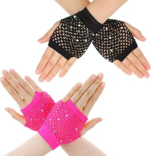 Lusofie 2 Pairs Short Kids Fishnet Gloves Fingerless with Rhinestone for Women girls Fingerless Gloves for 80s 90s Halloween