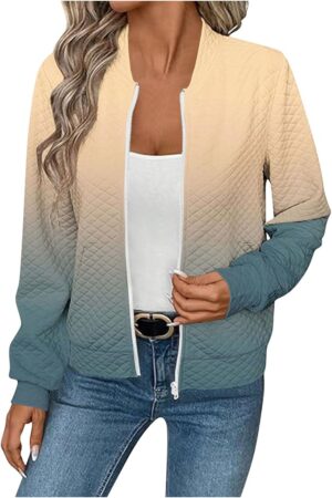 Bomber Jacket for Women 2026 Gradient Full Zip Fall Coat with Side Pockets