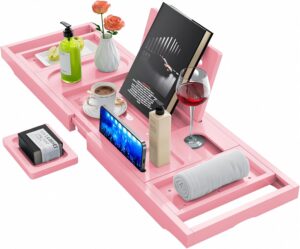 Premium Bathtub Tray Caddy, Expandable Bath Tray, Unique House Warming Gifts, New Home, Anniversary and Wedding Gifts for Couple, Pink