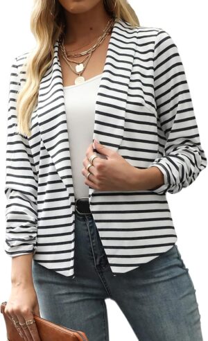 Women's Blazer Business Casual Open Front Dressy 3/4 Ruched Sleeve Work Office Suit Jackets Blazer