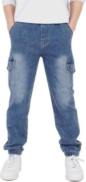 CAMLAKEE Boys Cargo Pants Stretch Cotton Twill Elastic Waist 97% cotton/3% spandex, pull-on waist, regular tapered cargo-jogger fit, belt loops, 4 pockets, school and active play