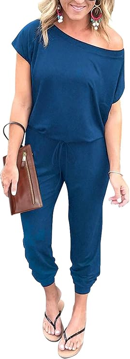 PRETTYGARDEN Jumpsuits for Women Summer Off Shoulder Romper Short Sleeve Drawstring Waist, Jogger Jumpers with Pockets, One Piece Spring Break Outfits, Vacation Travel Lounge Clothes