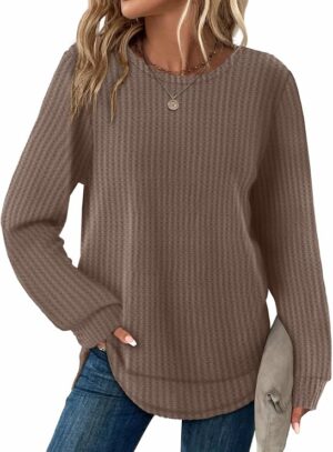 WIHOLL Womens Waffle Knit Tunic Tops Fall Long Sleeve Shirts Curved Hem