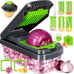Yusshn Vegetable Chopper, 12-in-1 Food Veggie Chopper Cutter with Container 7 Sharp Blades Dice, Slice, Shred and Grate for Salads, Onions and Meal Prep, with a Non-Slip Base and Drain Basket