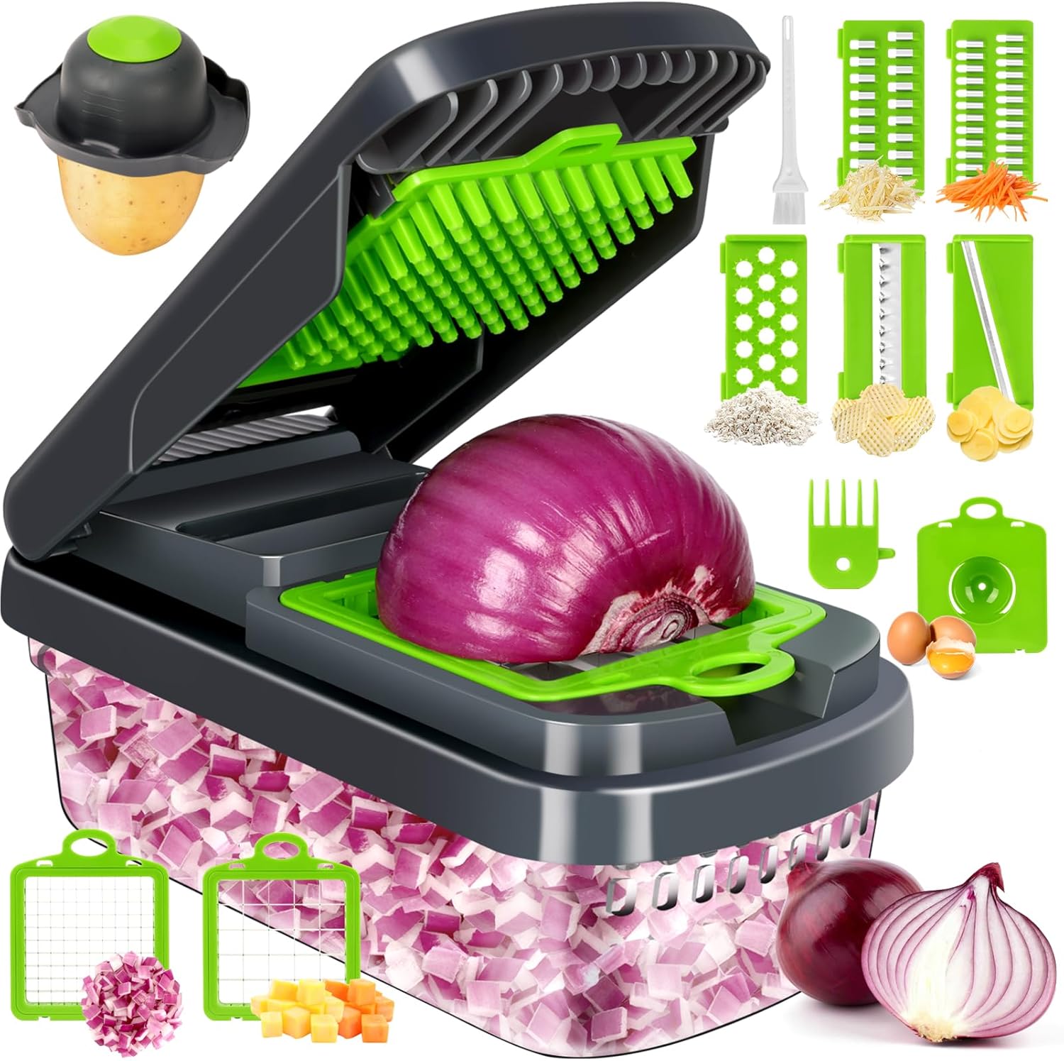 Yusshn Vegetable Chopper, 12-in-1 Food Veggie Chopper Cutter with Container 7 Sharp Blades Dice, Slice, Shred and Grate for Salads, Onions and Meal Prep, with a Non-Slip Base and Drain Basket