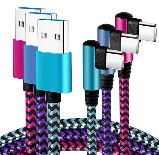 Teeind USB C Cable 6ft 3Pack, 90 Degree Right Angle Nylon Braided Cord 2.1A Fast Charging Type C Cable with Durable Nylon Braided Design, Compatible with Samsung Galaxy S23 S22 S21 S20 S9 Note 10