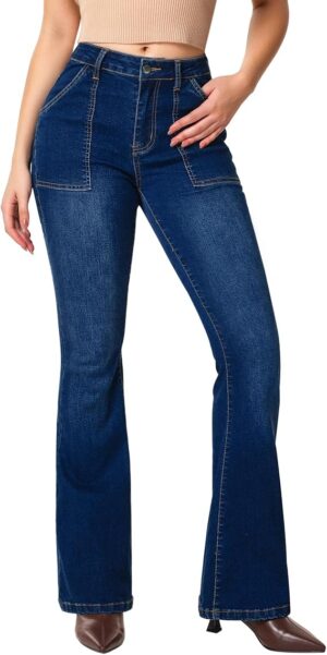 roswear Bootcut Jeans with Stretch for Women Large Pockets Zipper Fly Stretchy Flare Pants, 10inch Mid Rise, 30inch Full Length, Casual Outfits, Machine Washable, Tumble Dry