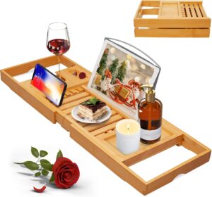 Bathtub Tray Caddy, Expandable Bamboo Bath Tray for Tub Foldable Bath Table Trays with Non-Slip Pads, Bathroom Spa Accessories, Ideal Gift for New Home & Mom's Birthday