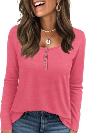 KILISU Womens Long Sleeve Top Henley Neck Button Casual T Shirts