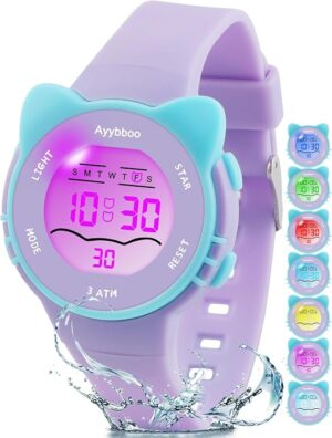 Kids Waterproof Watch 7 Color Light Alarm 7 Color Lights, Cute Design, Waterproof, Alarm & Stopwatch, Great Presents for Ages 5-13