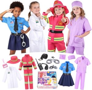 Meland 4-in-1 Career Dress Up Clothes for Girls Ages 3-8, Doctor, Firefighter & Police Costumes, Pretend Play Gift for Kids