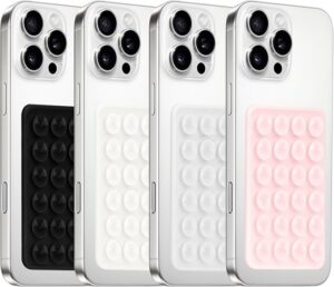 4Pack Silicone Suction Phone Case Mount, Silicon Adhesive Smartphones Stand Sticky, Hands-Free Phone Accessories Holder for Selfies and Videos (Black & White & Translucent & Light Pink)