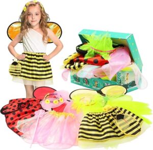 Girls Princess Dress up Trunk Ladybug, Bee, Butterfly, Green Fairy Role Play Costume Set for Little Girls Toddler Aged 3-7