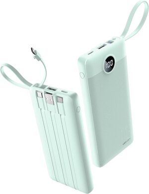 Portable Chargers 10000mAh, Slim Travel Essentials Power Bank, 5 Outputs 2 Inputs LED Display External Battery Pack with Built-in Cables Compatible with iPhone/Android & More (Teal)