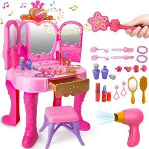 Toy Vanity Magic Makeup Set Table & Chair Girl Toy Automatically Mirror with Music Light Pink Toys for 3 4 5 Year Old Girl Hair Salon Pretend Play Princess Dress Up Playset Valentine Gift Age 3-5