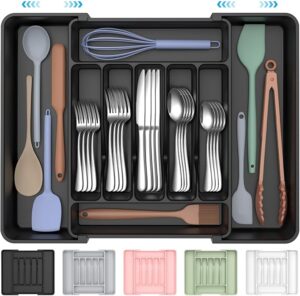 ukeetap Extra Large Expandable Silverware Organizer, Flatware Tray, Black BPA-Free Food-Safe Kitchen Utensil Cutlery Drawer Organizer, Adjustable Silverware Holder for Spoons Forks Knives