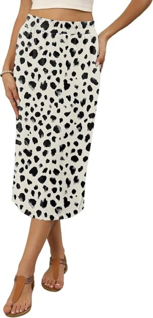Midi Skirts for Women Summer Elastic High Waisted Basic Straight Skirt with Slit
