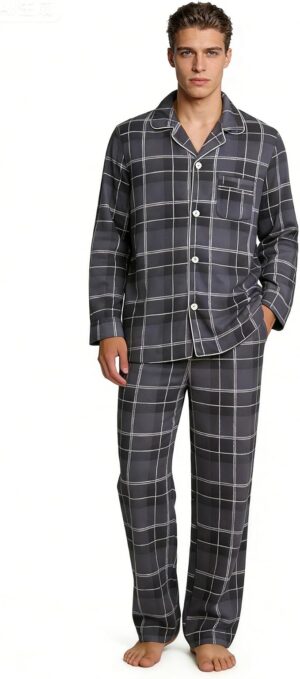 Vulcanodon Mens Plaid Pajama Set, Ultra Soft Button Down Pjs Loungwear Breathable Lightweight Cozy Pijamas, Long Sleeve Button Down Sleepwear and Lounge Pants with Pockets and Fly for All Seasons