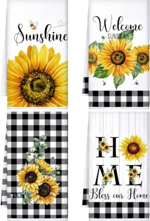 4 Pcs Sunflower Kitchen Towels Set, Hand Tea Towels Gifts Absorbent Fast Drying Dish Clothes Floral Black White Plaid Decor Housewarming Gift for Cooking Bathroom Kitchen Decor