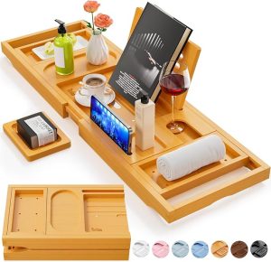 Bamboo Bath Tray, Foldable Premium Bath Caddy, Adjustable Bath Board with Book Rest, Extendable Wooden Tray Bath Shelf – Fits Most Bath Sizes