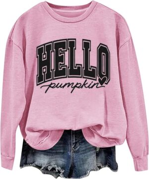 Generic Halloween Sweatshirts for Women Casual Crewneck Pullover Long Sleeve Shirt Hello Pumpkin Print Loose Fit Fall Clothes