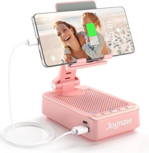 Gifts for Women Girls, Phone Stand with Bluetooth Speaker and Charging Function 360° Rotable Angle Adjustable Cell Phone Holder with HD Stereo Sound Fits All Phones,Tablet (Pink)