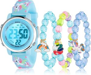 NEWITIN 4 Pieces Girls Watch Bracelets Set Multifunctional 7 Color Lights Digital Sport Alarm Stopwatch 3D Waterproof Unicorn Watch Jewelry Set for Girls 3-10 Years Old Kids