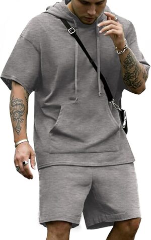 COOFANDY Men's Tracksuit 2 Piece Hooded Athletic Sweatsuit Short Sleeve Casual Sports Hoodie Shorts Set