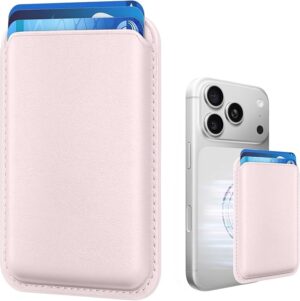 Magnetic Wallet Cell Phone Card Holder for Phone Case with Mag-Safe Stronger Magnetic RFID Leather Phone Wallet Stick on Series of iPhone 17/16/15/14/13/12 and Pro/Promax, Light pink