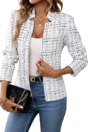 ELLEVEN Womens' Tweed Open Front Blazer Long Sleeve Jacket Notch Collar Fully Lined Casual Business Work Office Coat