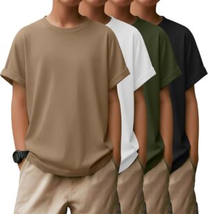 4 Pack Boys Short Sleeve Shirts Crew Neck, Loose Fit, Kids Tops, Size 8, 10-12, Basic, Casual, Soft, Plain Tees, Lightweight, Breathable, Comfortable