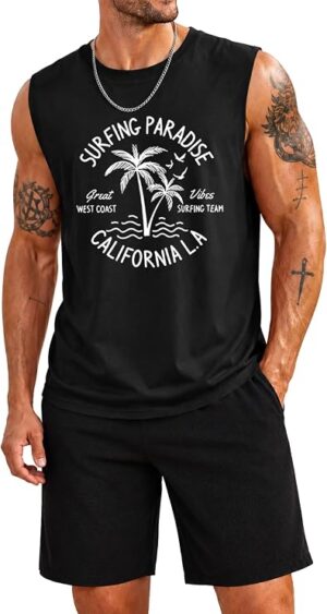 VOGSTART Mens Beach Summer 2 Piece Sets Palm Tree Vacation Tropical Graphic Tank Tops and Waffle Shorts Outfits (S-XXL)
